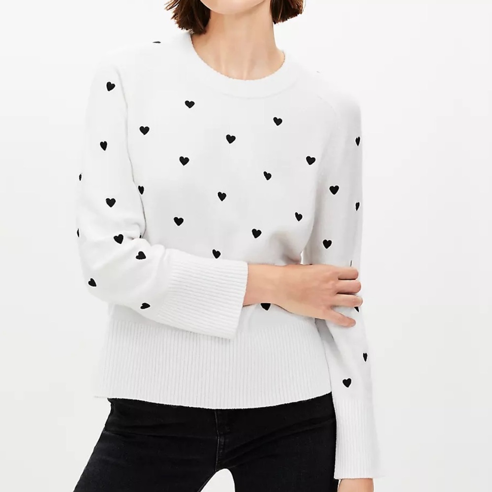 LOFT Women’s Off-White Mini Heart Embroidered Pullover Sweater Ribbed Knit M